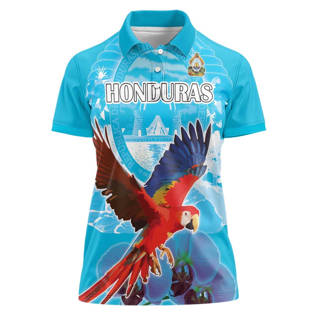 Custom Honduras Independence Day Women Polo Shirt Scarlet Macaw With Orchid Flower - Wonder Print Shop