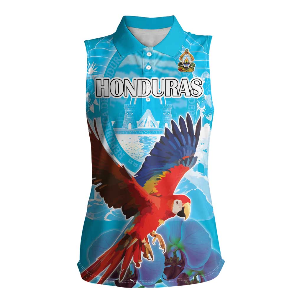 Custom Honduras Independence Day Women Sleeveless Polo Shirt Scarlet Macaw With Orchid Flower - Wonder Print Shop