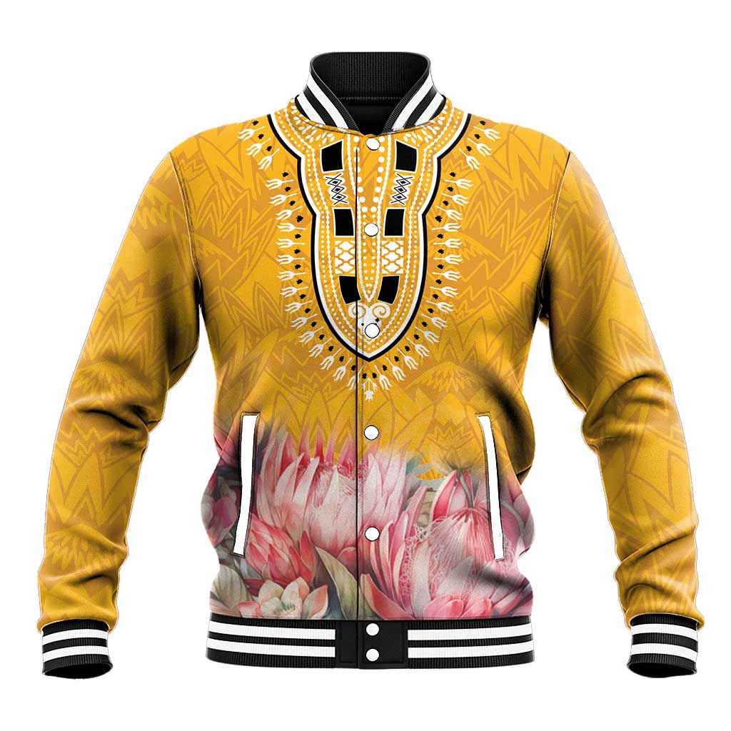 Yellow baseball jacket with black-and-white striped collar, dashiki yoke, floral hem