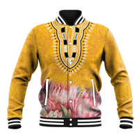 Yellow baseball jacket with black-and-white striped collar, dashiki yoke, floral hem