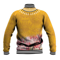 Yellow baseball jacket back view with striped cuffs, dashiki zigzag pattern, floral band