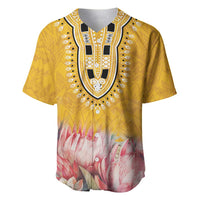 Yellow baseball-style jersey with dashiki embroidered V-neck and pink floral button-front hem
