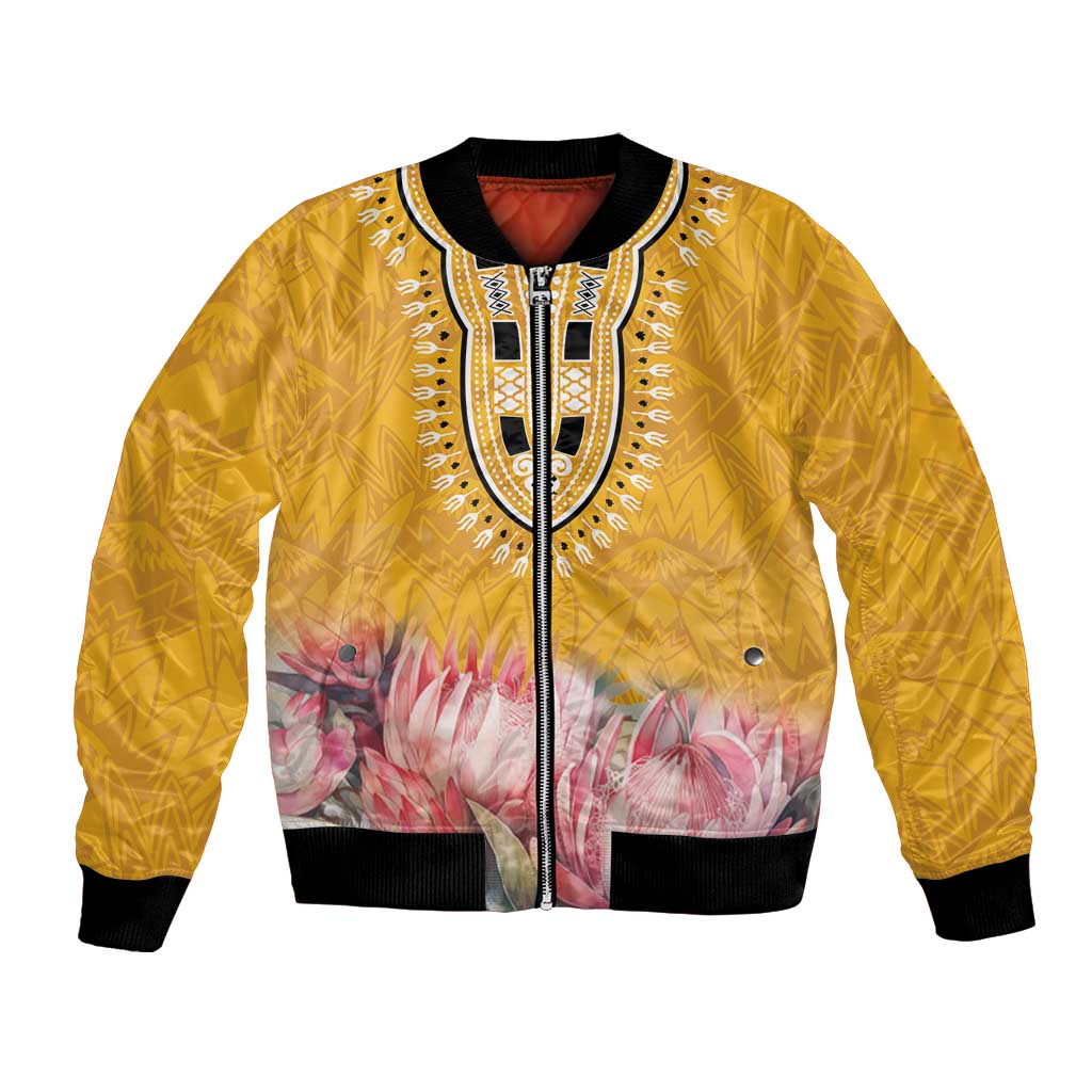 Yellow bomber jacket with black trim, front zipper, pink protea floral print