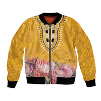Yellow bomber jacket with black trim, front zipper, pink protea floral print