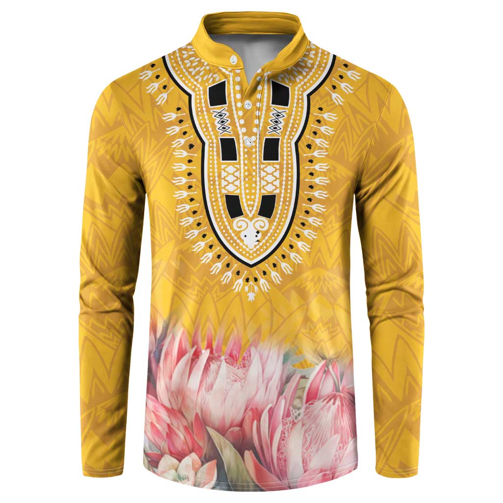 Yellow dashiki button sweatshirt with black-and-white chest motif and pink floral hem