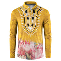 Yellow dashiki button sweatshirt with black-and-white chest motif and pink floral hem