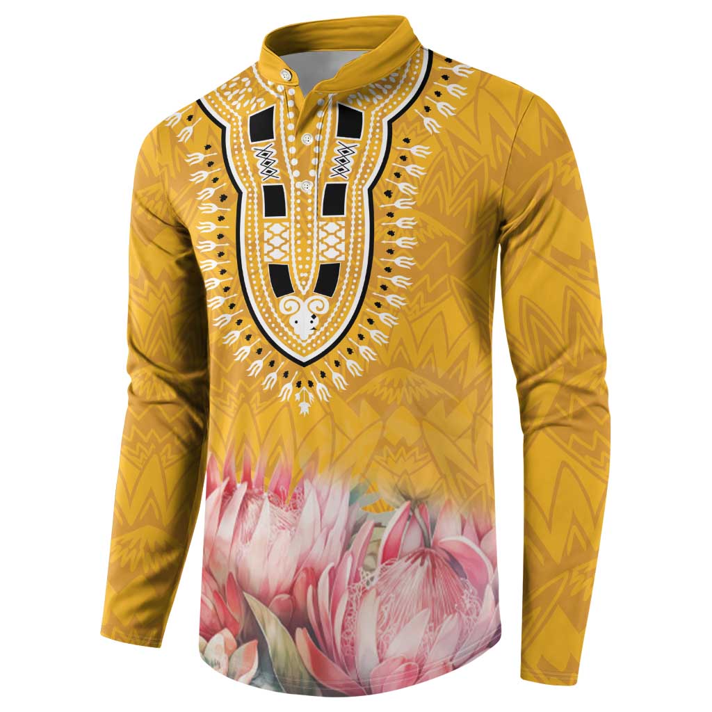 Yellow dashiki button sweatshirt with long sleeves, black-and-white chest motif and pink floral print