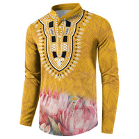 Yellow dashiki button sweatshirt with long sleeves, black-and-white chest motif and pink floral print