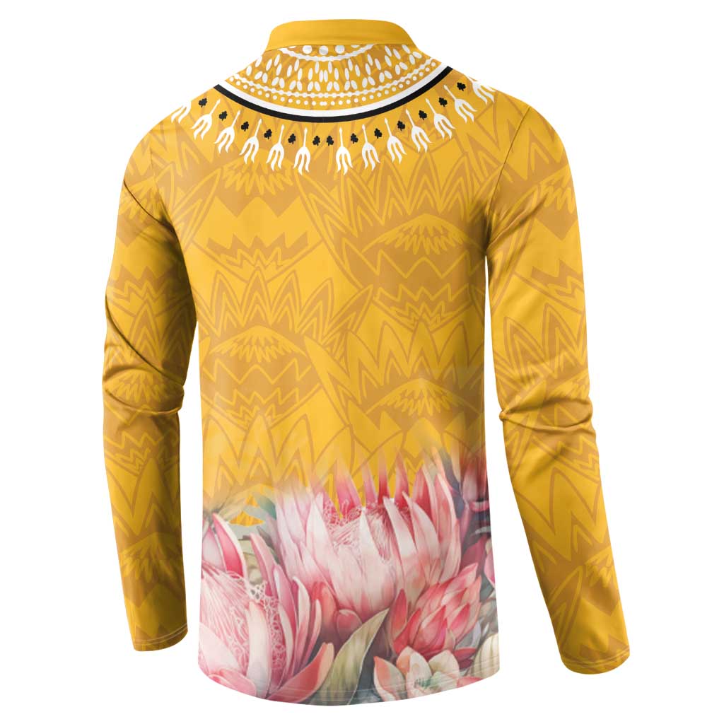 Yellow dashiki sweatshirt back with geometric pattern and pink floral graphic at lower half
