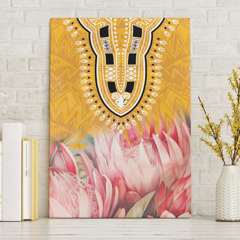 Yellow canvas wall art with tribal U-pattern and pink protea blossoms, wall mounted