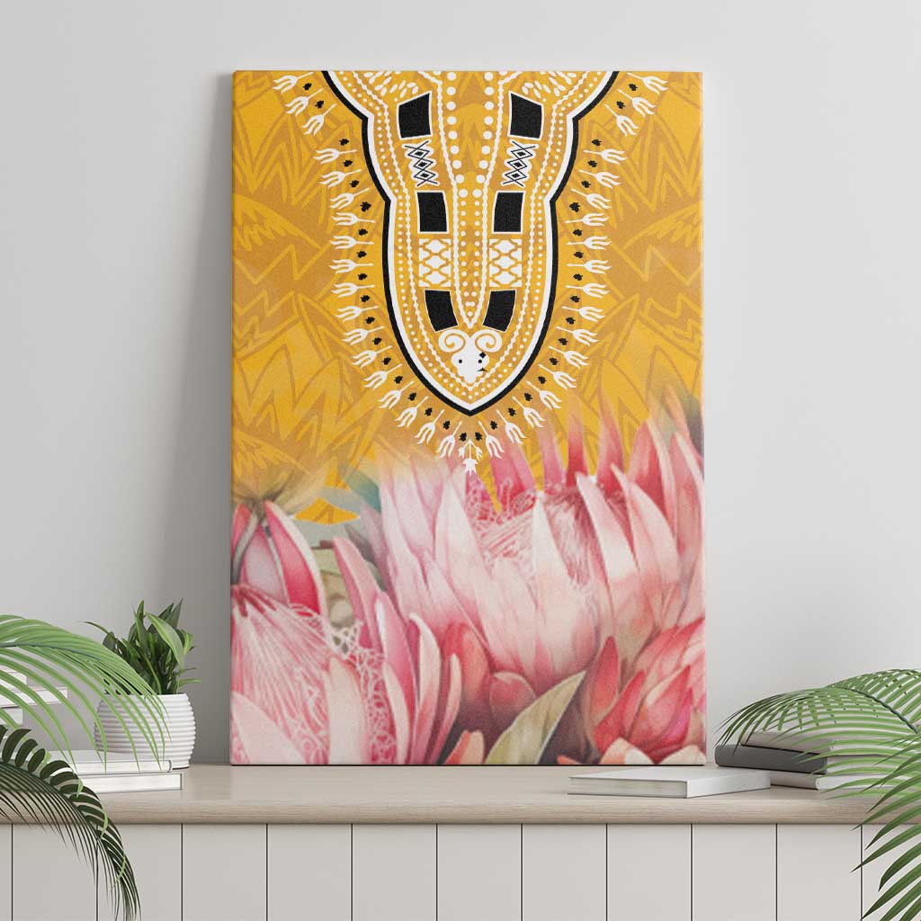 Yellow canvas wall art with tribal U-pattern and pink protea floral motif, standing