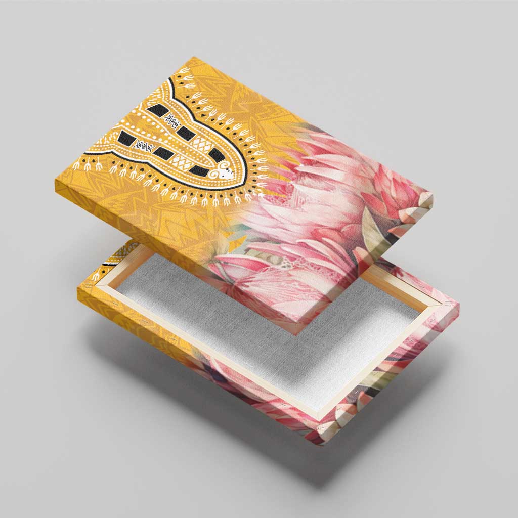 Yellow framed canvas wall art on wooden stand, tribal U-pattern with pink protea flowers