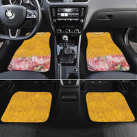 Set of four yellow car floor mats with geometric pattern and pink floral protea motif