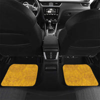 Pair of yellow car floor mats with geometric pattern and pink floral protea motif