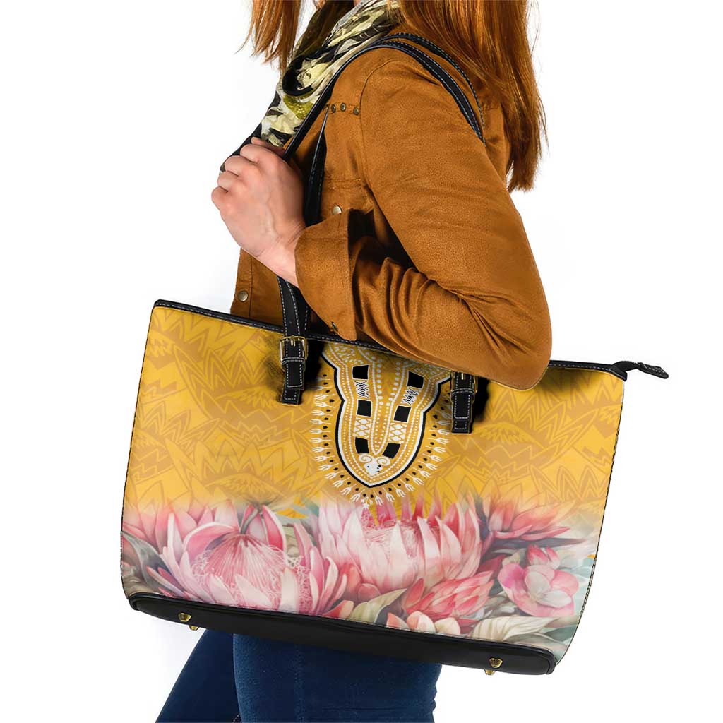 Africa Dashiki Leather Tote Bag King Protea Floral Motif Patterns