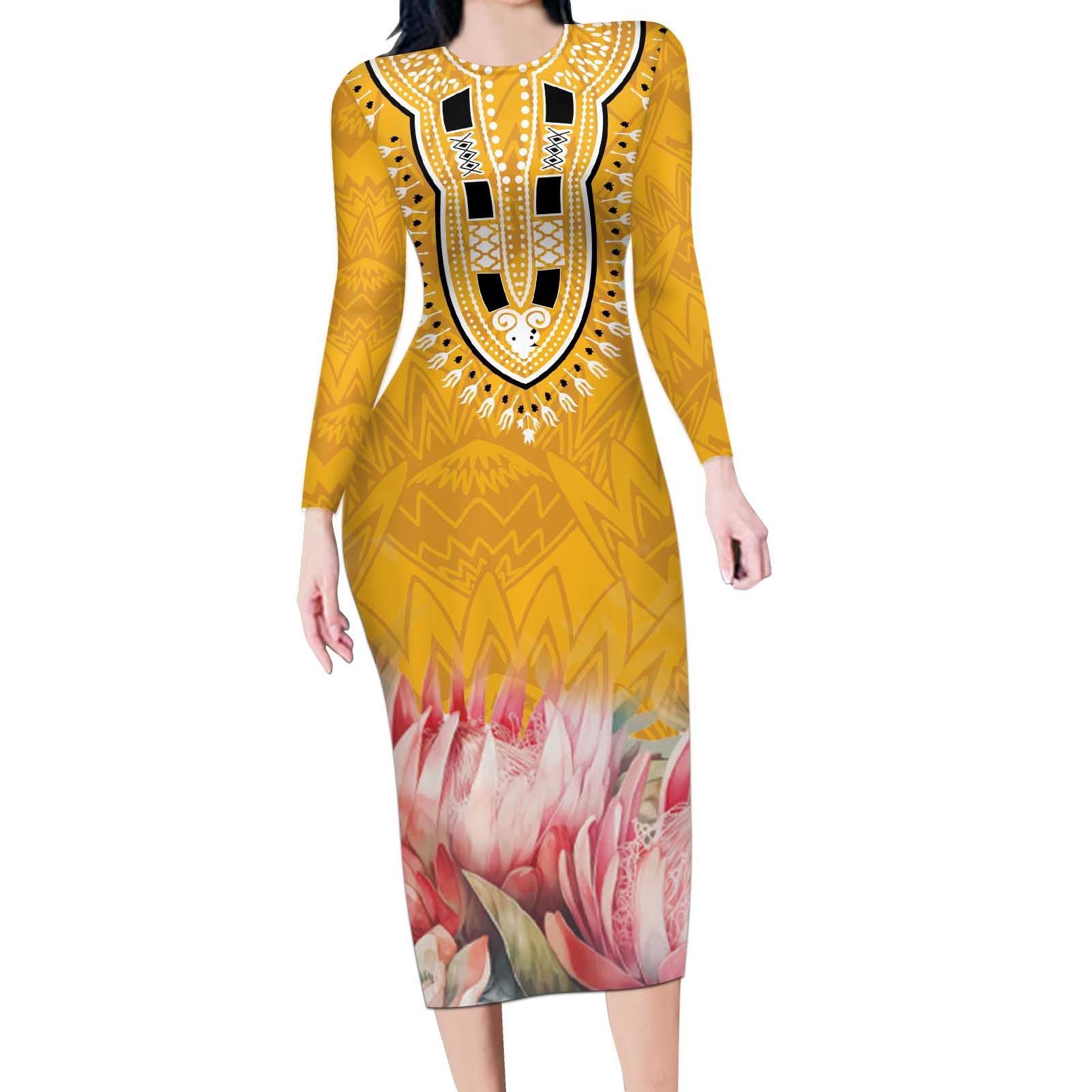 Africa Dashiki Long Sleeve Bodycon Dress King Protea Floral Motif Patterns - Wonder Print Shop