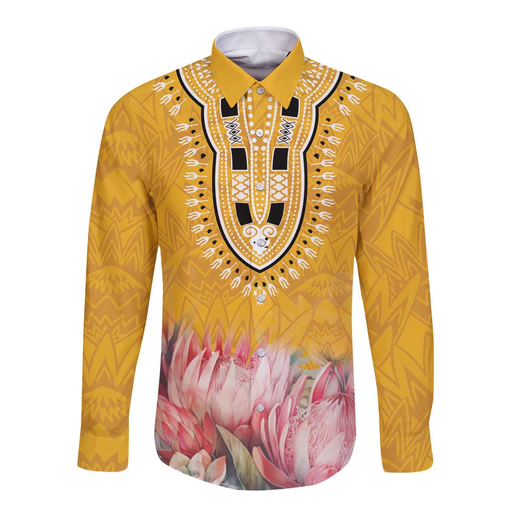 Africa Dashiki Long Sleeve Button Shirt King Protea Floral Motif Patterns - Wonder Print Shop