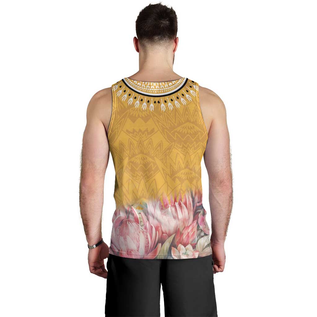 Men's yellow dashiki-style tank top, all-over pattern with pink floral lower panel