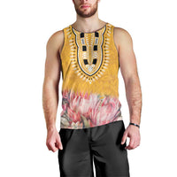 Men's yellow dashiki-style tank top with detailed black-and-white medallion neckline