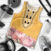 Men's yellow dashiki-style tank top with ornate chest print and pink flower graphic