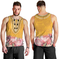 Men's yellow dashiki-style tank top shown front and back with pink floral bottom