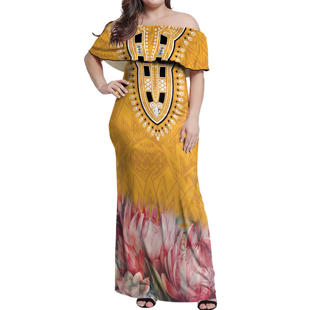 Africa Dashiki Off Shoulder Maxi Dress King Protea Floral Motif Patterns - Wonder Print Shop