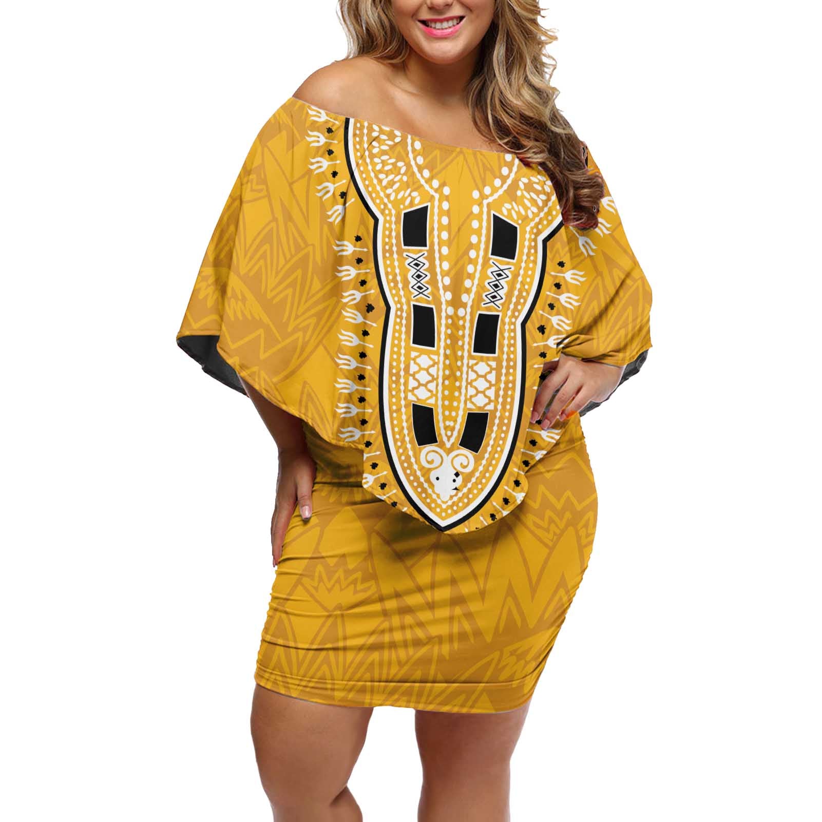 Africa Dashiki Off Shoulder Short Dress King Protea Floral Motif Patterns - Wonder Print Shop