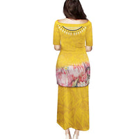 Yellow long dress, dashiki back yoke with beaded trim, pink floral mid-panel, skirt pattern