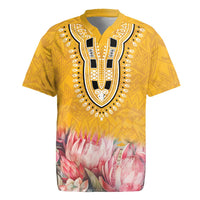 Yellow rugby jersey with ornate V-neck placket and large pink flower panel at the hem