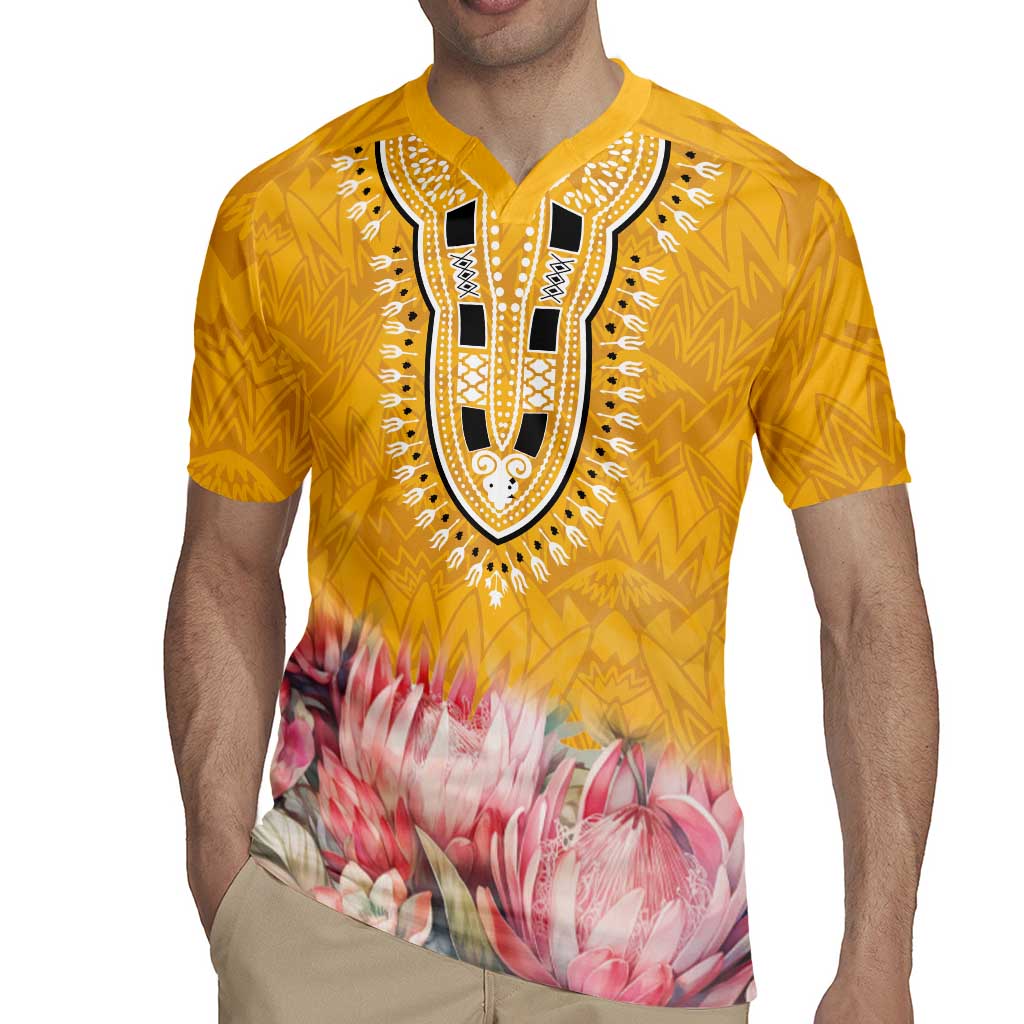 Men's yellow dashiki-style rugby jersey with white patterned V neckline and pink flower print