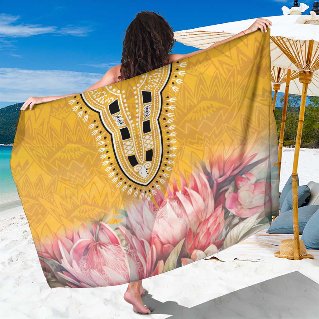 Yellow sarong with geometric dashiki shield medallion and pink flower print