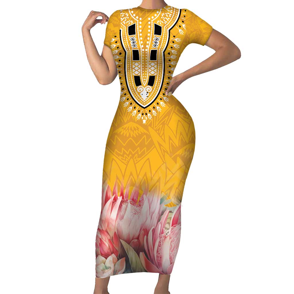 Africa Dashiki Short Sleeve Bodycon Dress King Protea Floral Motif Patterns - Wonder Print Shop