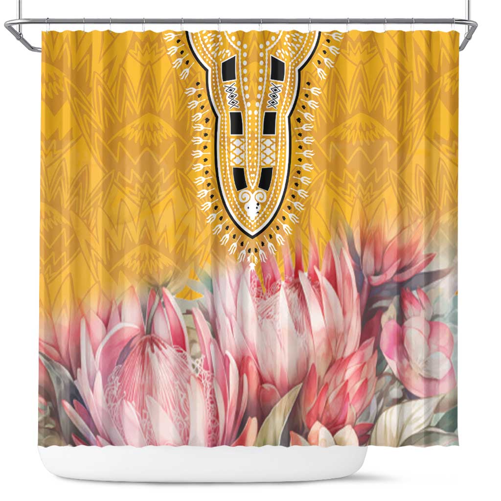 Yellow shower curtain with dashiki medallion and pink floral motif