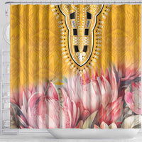 Yellow shower curtain with top dashiki ornament and pink floral panels