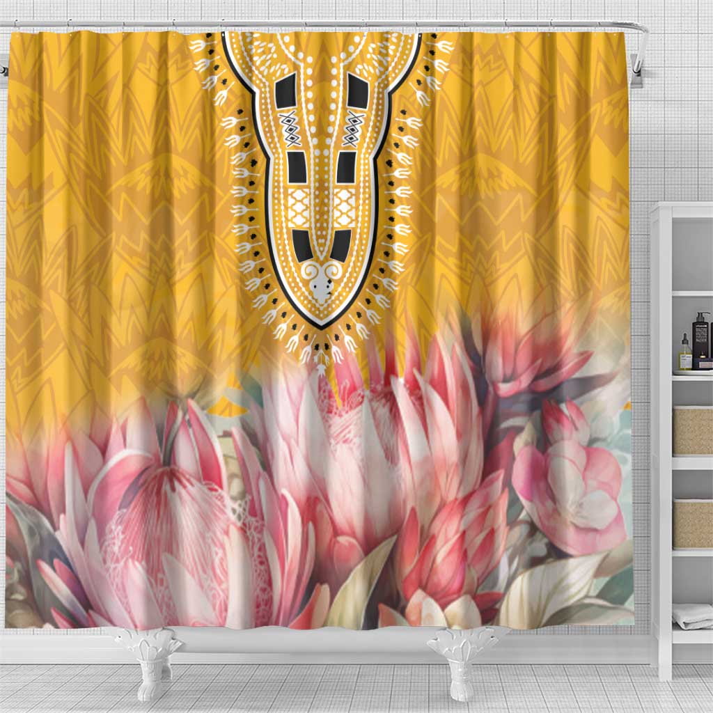 Yellow shower curtain with dashiki emblem and pink floral garden pattern