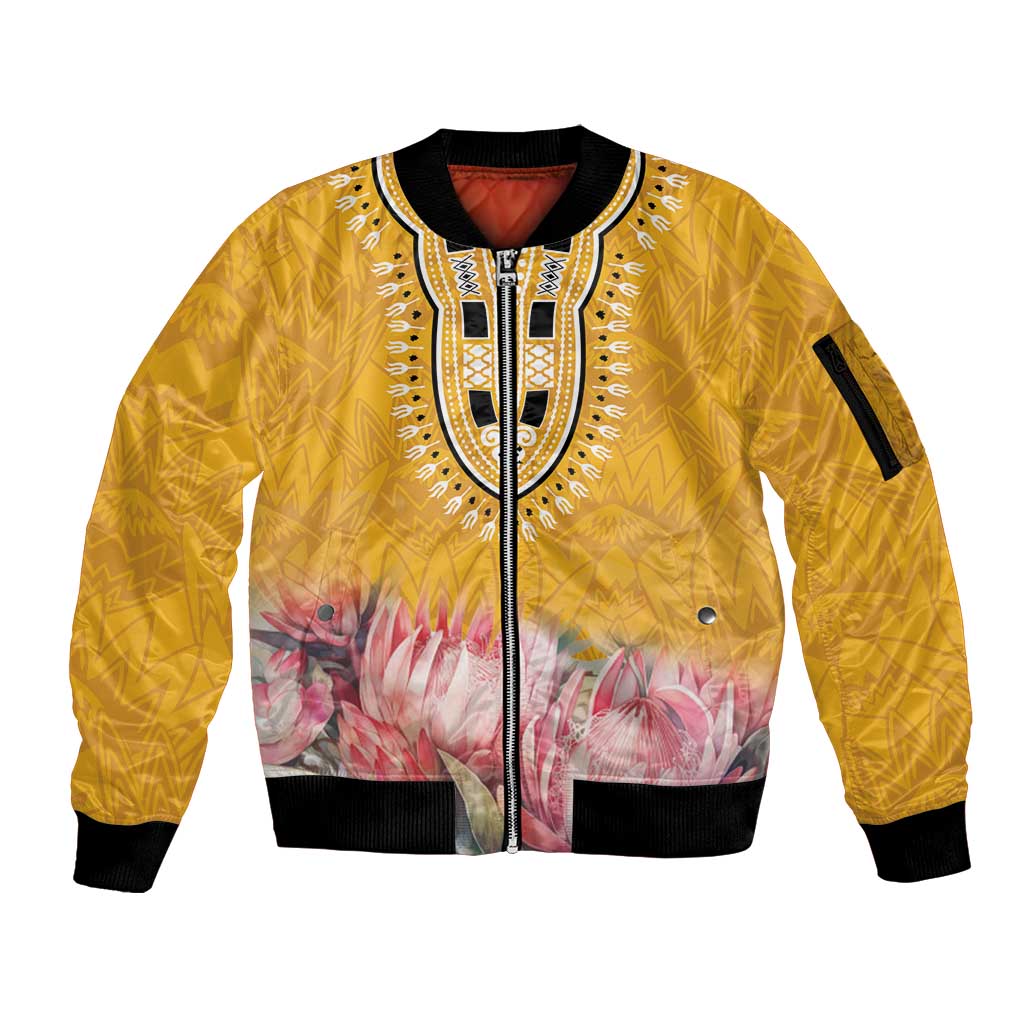 Yellow zip bomber jacket with geometric pattern trim, pink floral print and black rib cuffs