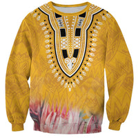 Yellow dashiki-style sweatshirt with floral yoke motif, long sleeves, crew neck