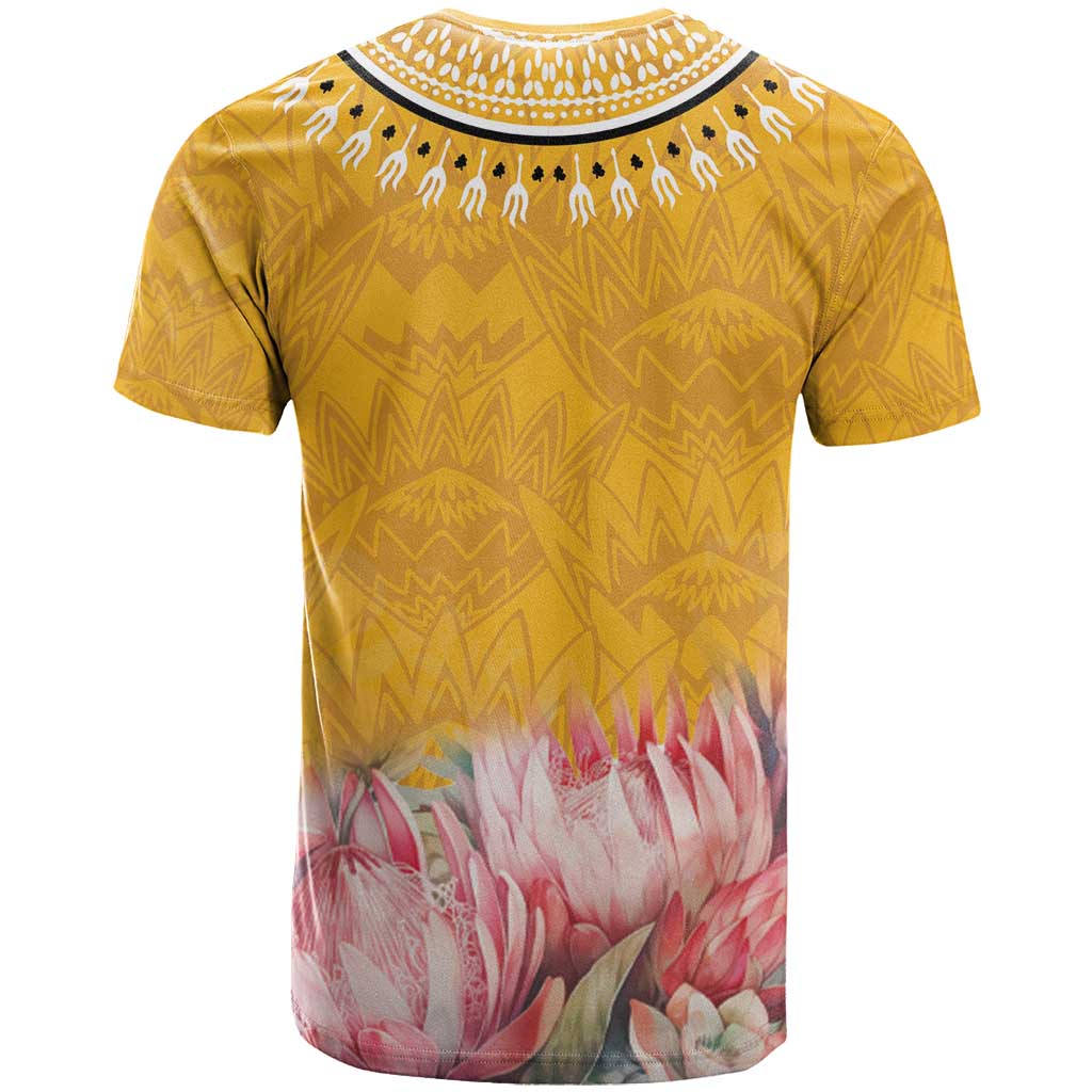 Yellow T-shirt with geometric dashiki pattern and pink floral bottom print