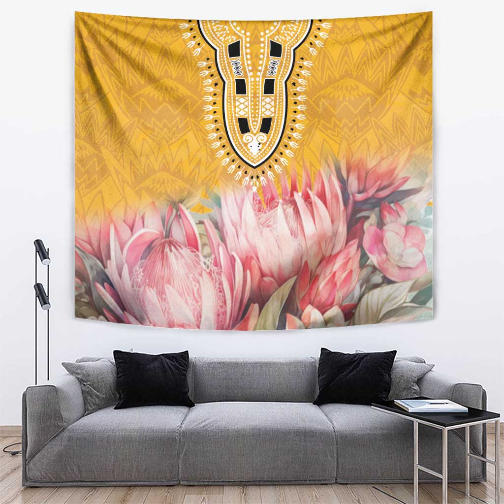 Yellow wall tapestry with black tribal medallion and pink protea floral print