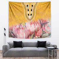Yellow wall tapestry with black tribal medallion and pink protea floral print