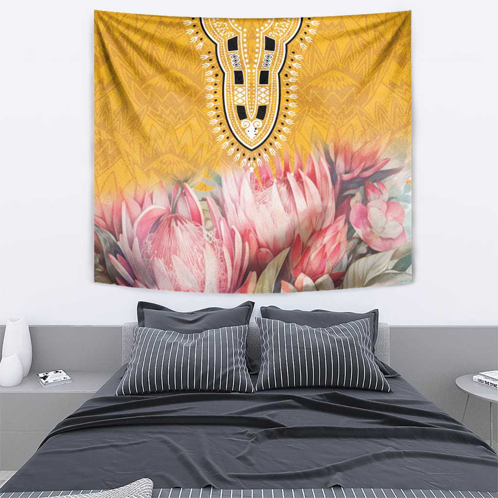 Yellow floral wall hanging with black tribal pattern and pink protea blooms