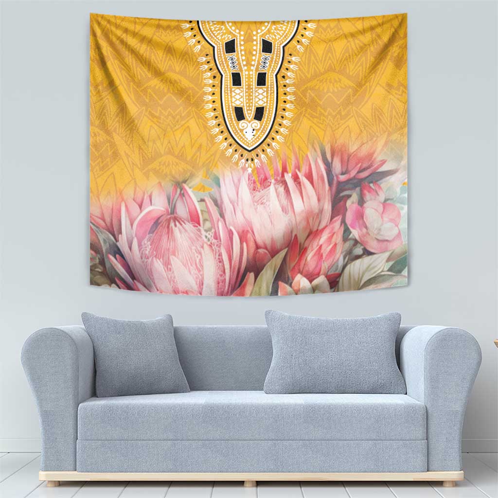 Yellow protea floral tapestry with black tribal medallion and pink flower highlights