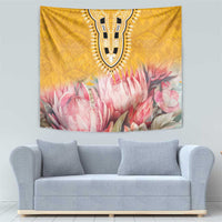 Yellow protea floral tapestry with black tribal medallion and pink flower highlights