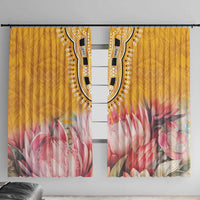 Yellow curtain panels with black dashiki ornament and pink protea floral bottom print