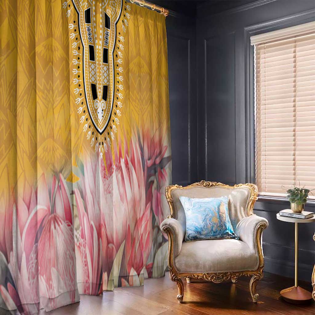 Yellow curtain panel with black dashiki ornament and pink protea floral print