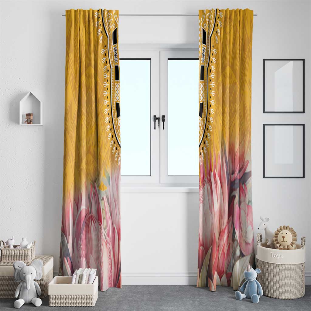 Pair of yellow floor-length curtains with pink protea florals and black dashiki border