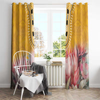 Yellow window curtain panels with pink protea florals and black dashiki central motif
