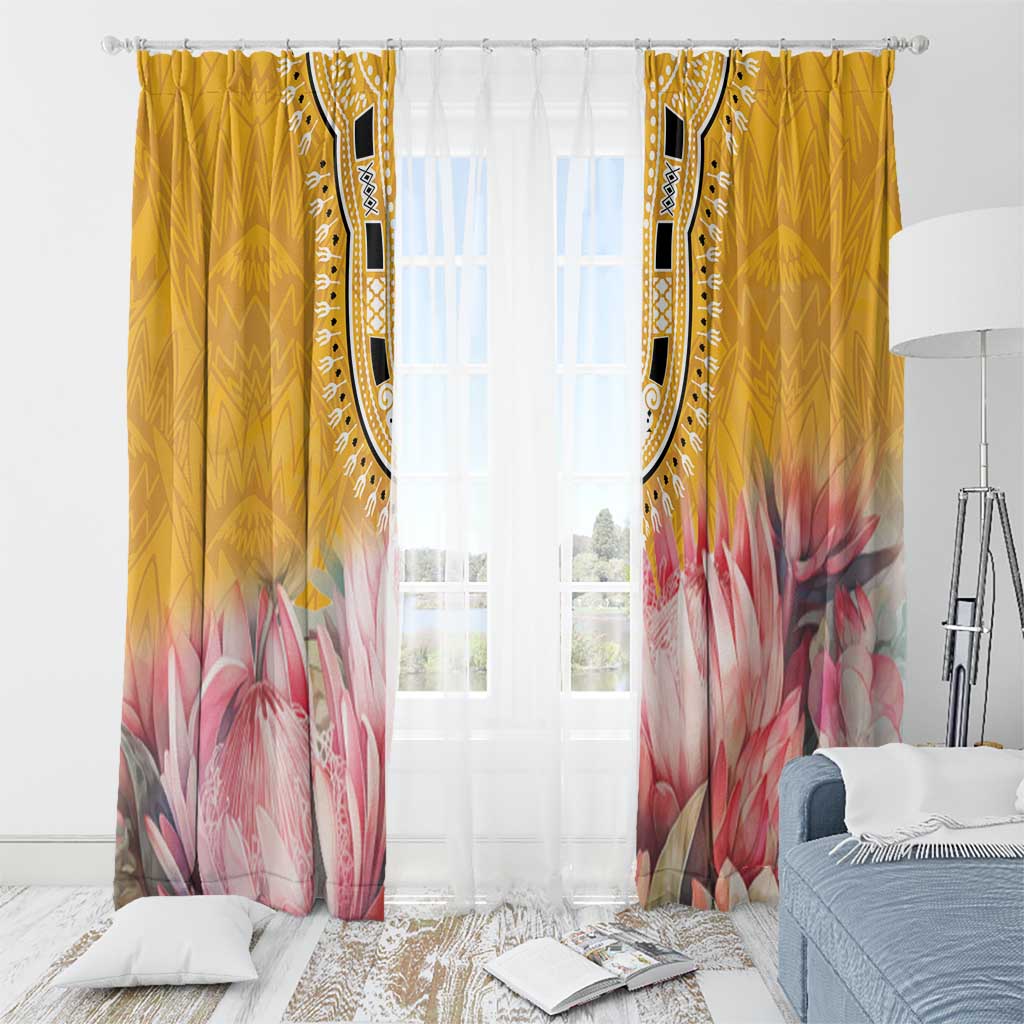 Yellow grommet window curtains with pink protea florals and black dashiki vertical panel
