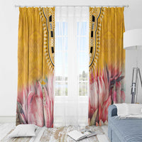 Yellow grommet window curtains with pink protea florals and black dashiki vertical panel