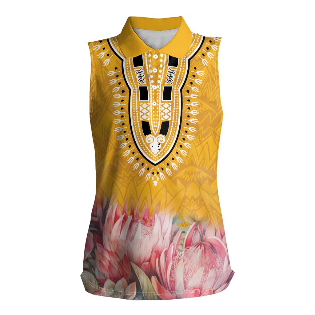 Africa Dashiki Women Sleeveless Polo Shirt King Protea Floral Motif Patterns - Wonder Print Shop